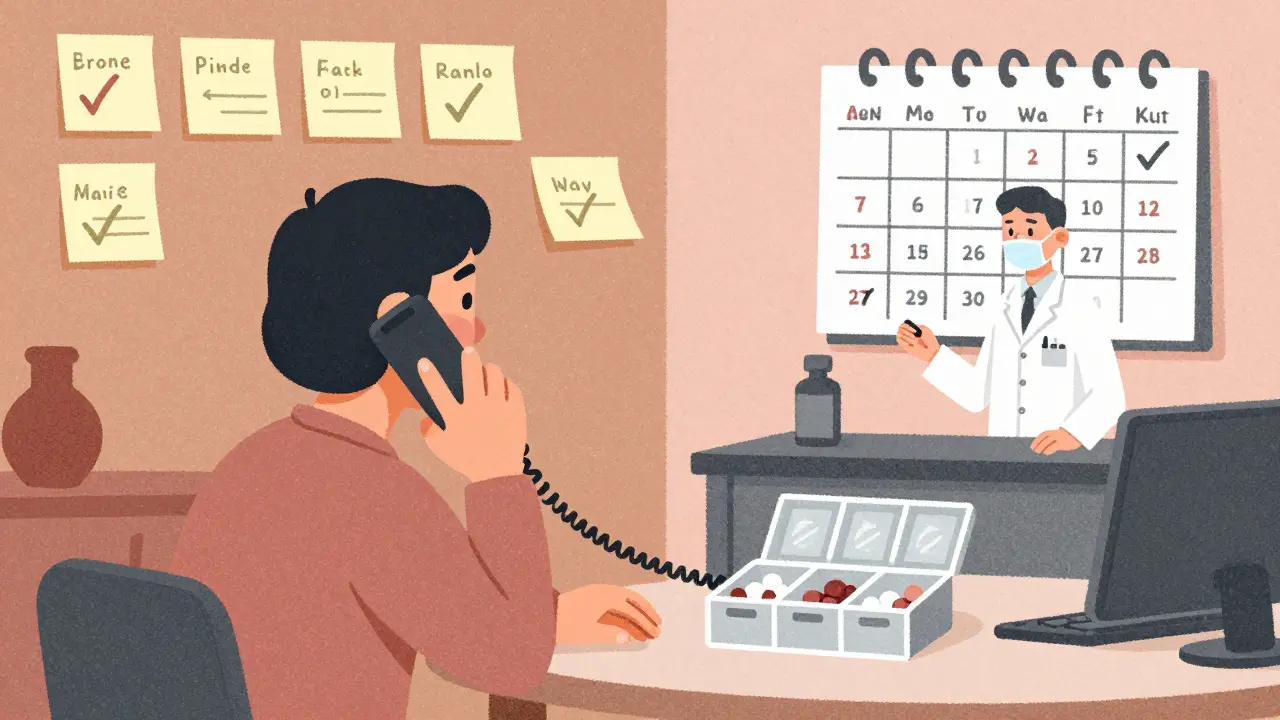 Patient on phone with pharmacist, wall covered in medication sticky notes and a 7-day follow-up calendar