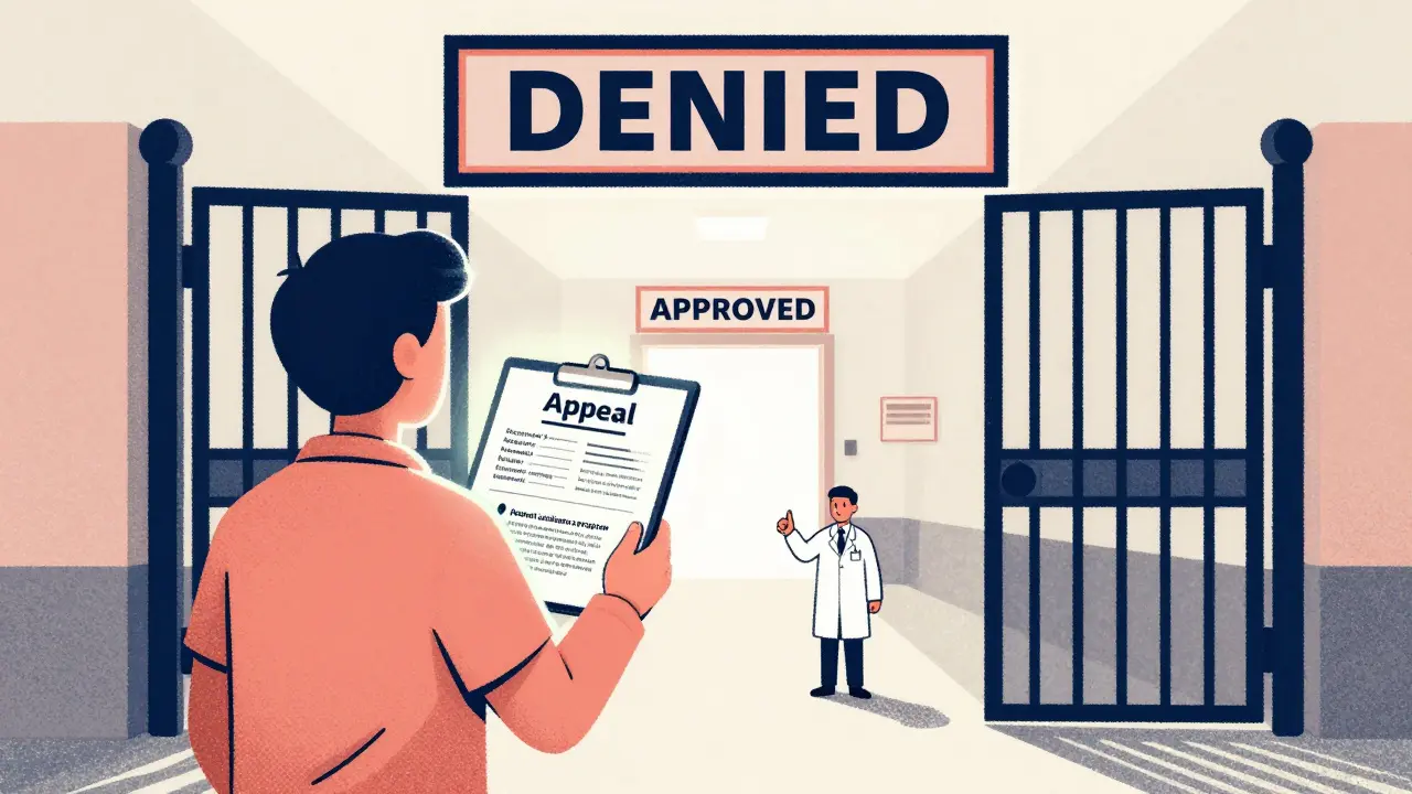 Patient standing before a denied insurance gate, holding appeal documents as a doctor gives approval, with a path leading to approved doorway.