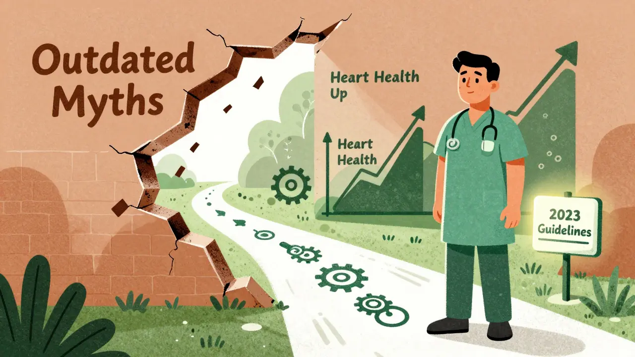 Patient walking past crumbling myths toward a path of improved heart and liver health.