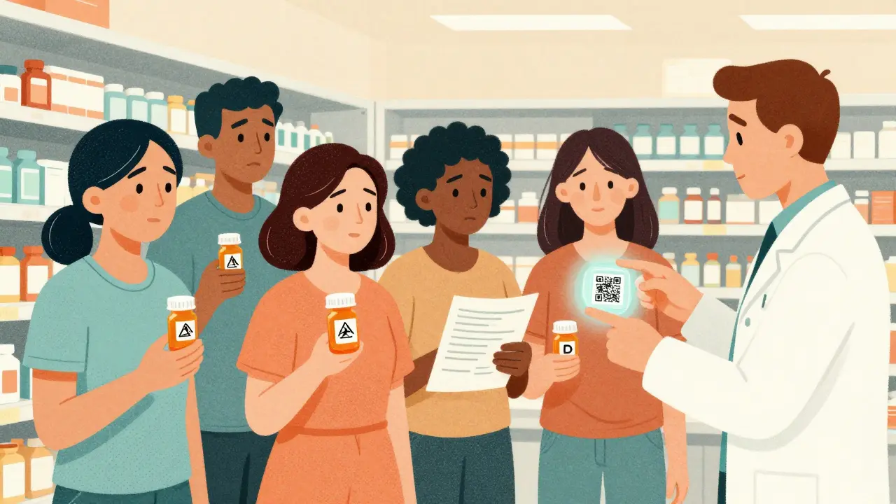 Patients in a pharmacy holding pill bottles, one reading a guide while a pharmacist points to a QR code on a bottle.
