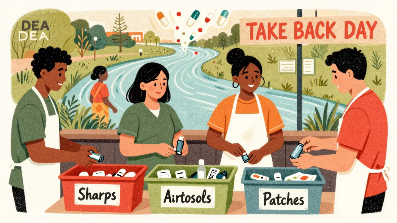 People dropping off medications at a community take-back event with labeled bins and a river mural in the background.