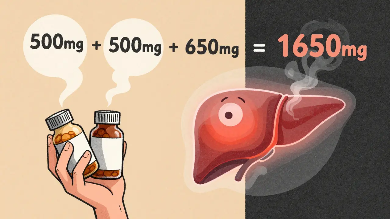Person holding two medication bottles as ghostly dosage numbers rise, liver glowing red with smoke.