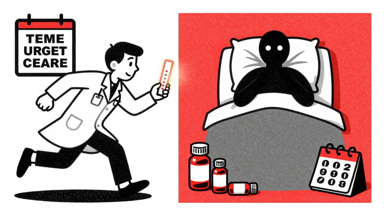 Person rushing to urgent care as another ignores symptoms after taking clindamycin