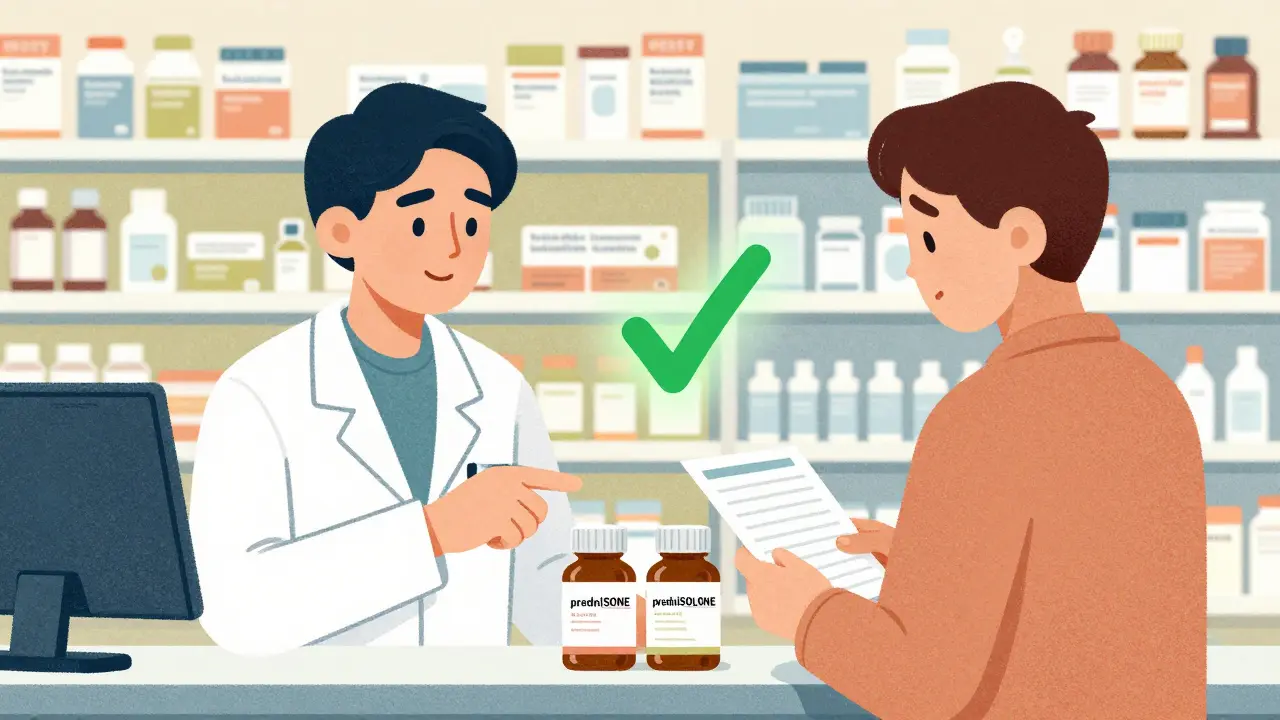 Pharmacist and patient reviewing similarly named pills with Tall Man Lettering.