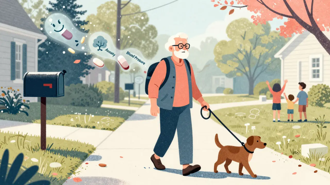 Senior walking a dog with fading pills behind them, symbolizing improved health.