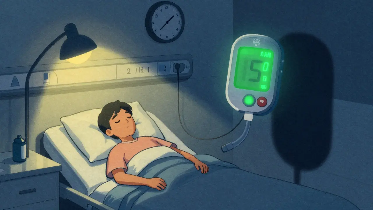 Sleeping diabetic patient with glowing CGM alert in hospital room at night.