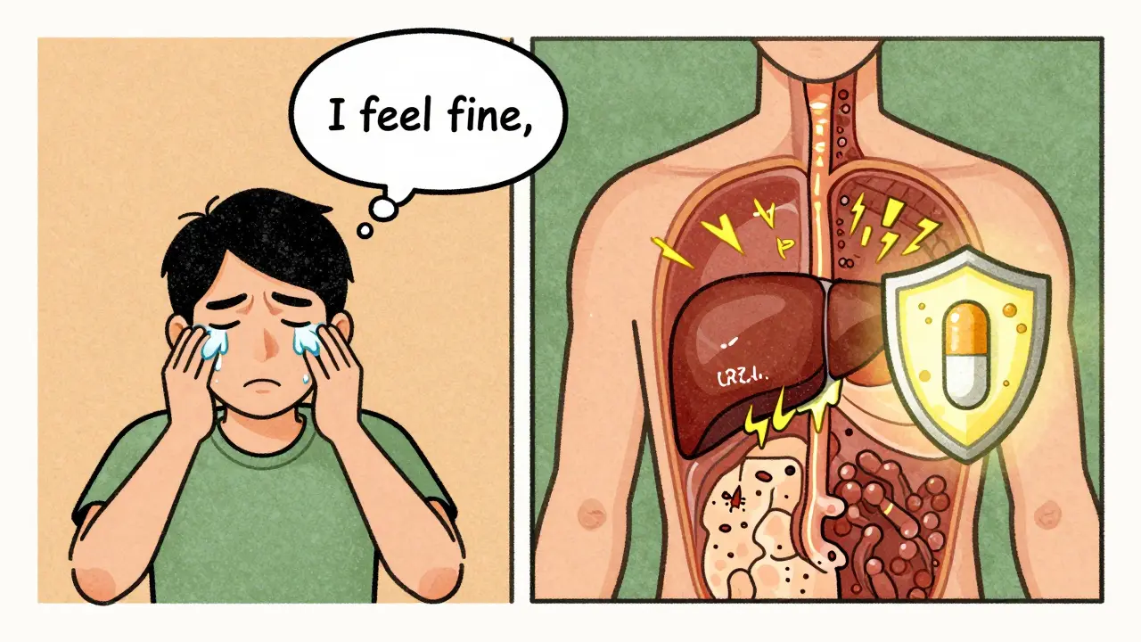 Split illustration: person feels fine internally while carvedilol protects against hypoglycemia.