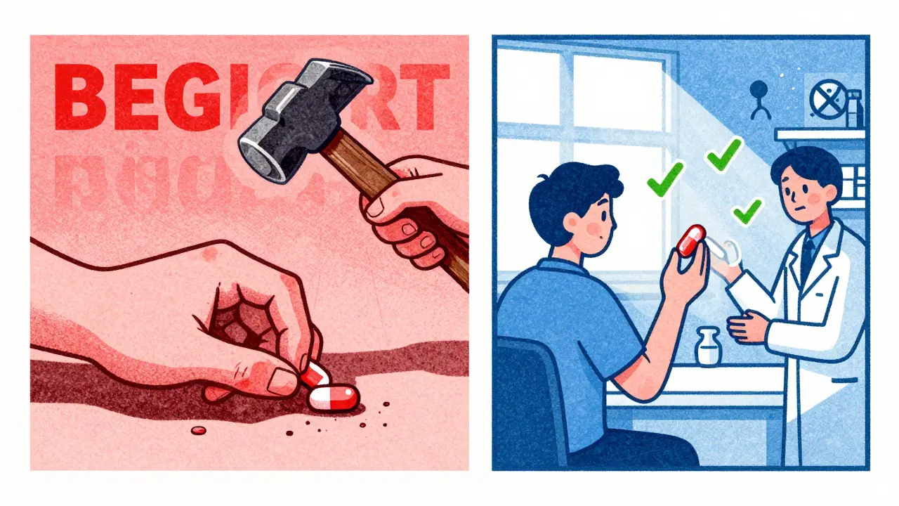 Split image: person crushing pill with danger on left, taking pill safely with pharmacist on right, icons of warnings and checkmarks.