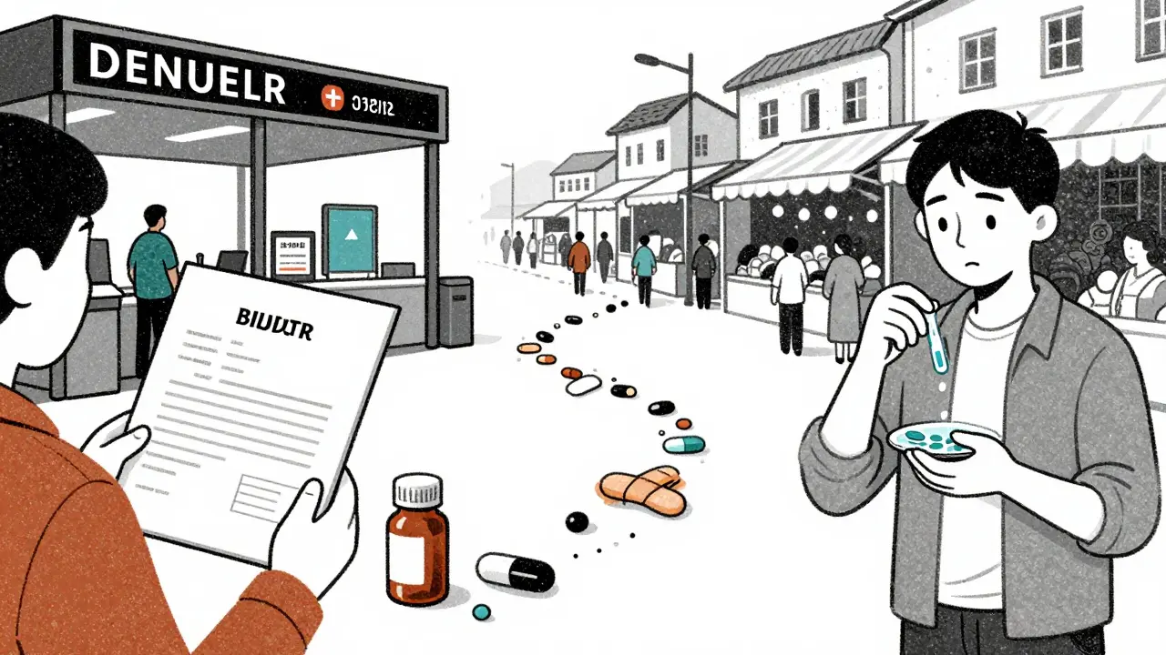Split scene of airport security and foreign city use of travel meds, connected by symbolic medical items.