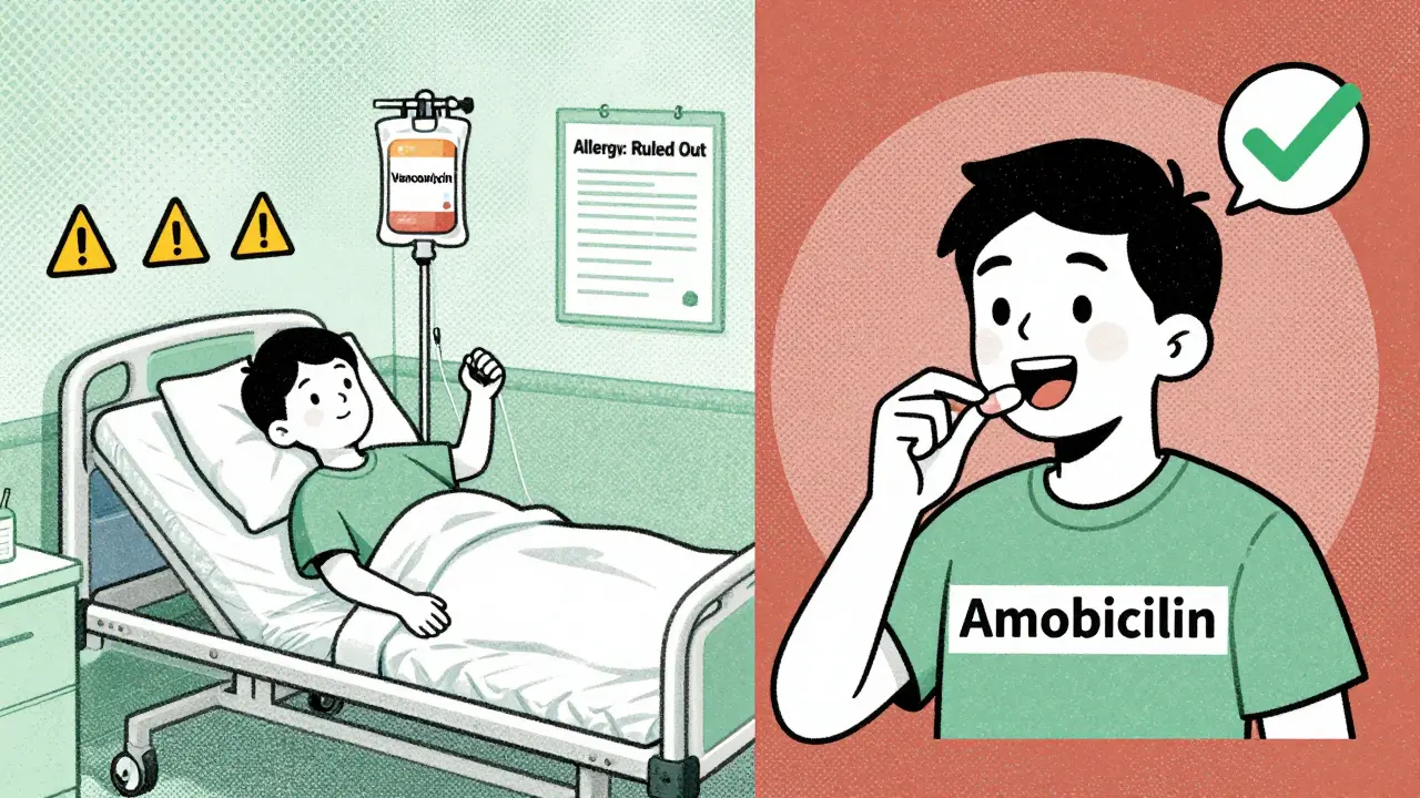 Split scene: person receiving risky IV antibiotic vs. safely taking amoxicillin pill