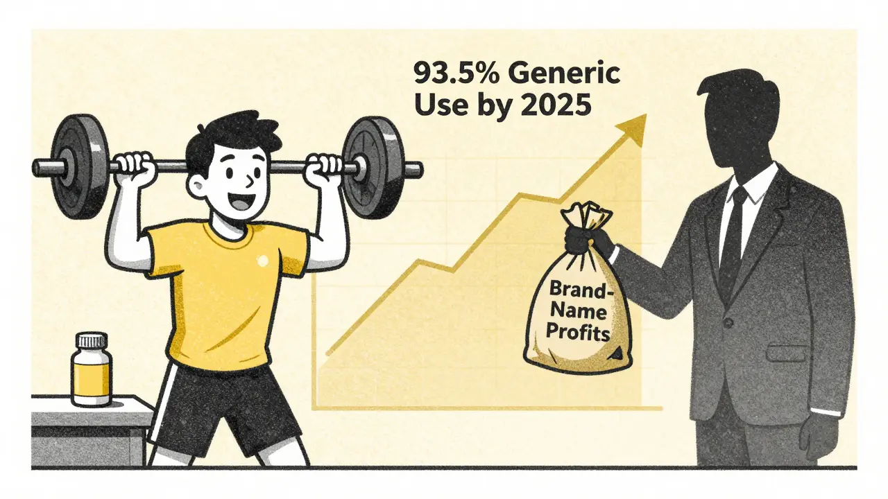 Split scene: worker in rehab with generic pill vs. shadowy figure losing brand-name profits, rising generic use graph.
