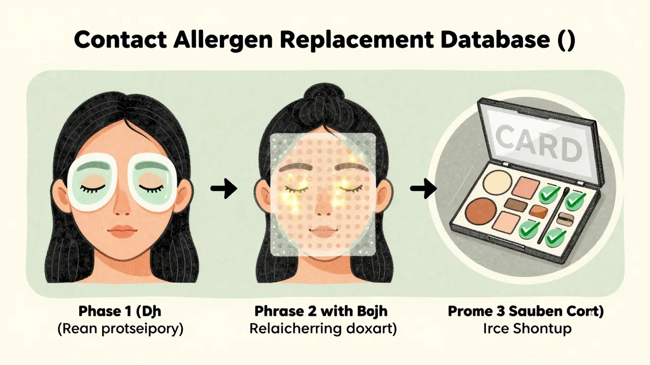 Three-phase healing journey: petroleum jelly shield, patch test panel, and safe makeup palette with CARD database.