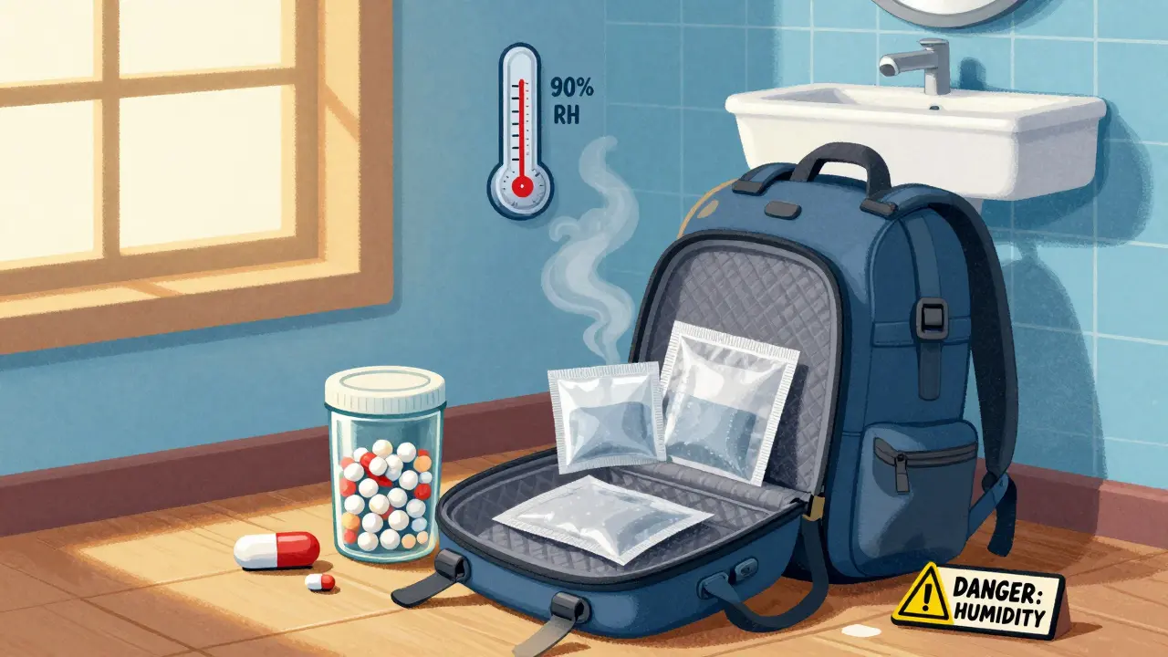 Traveler’s backpack with sealed meds and silica gel, steam rising from a bathroom in tropical hotel room.