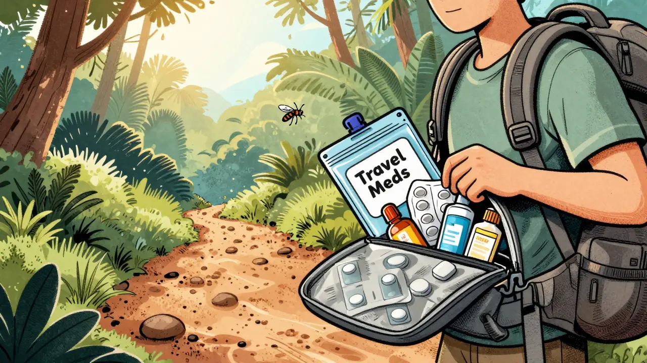 Traveler with backpack open, revealing blister pads and insect repellent on a tropical hiking trail.