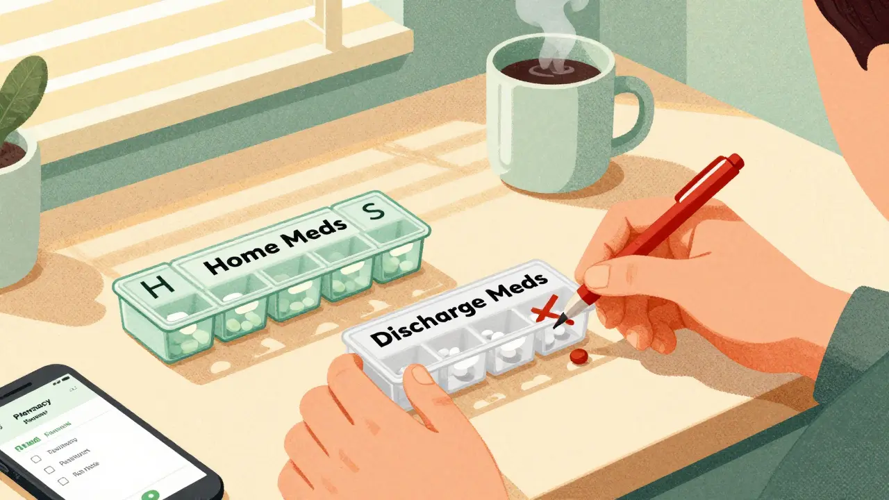 Two pill organizers on a kitchen counter being compared with a red pen crossing out duplicates