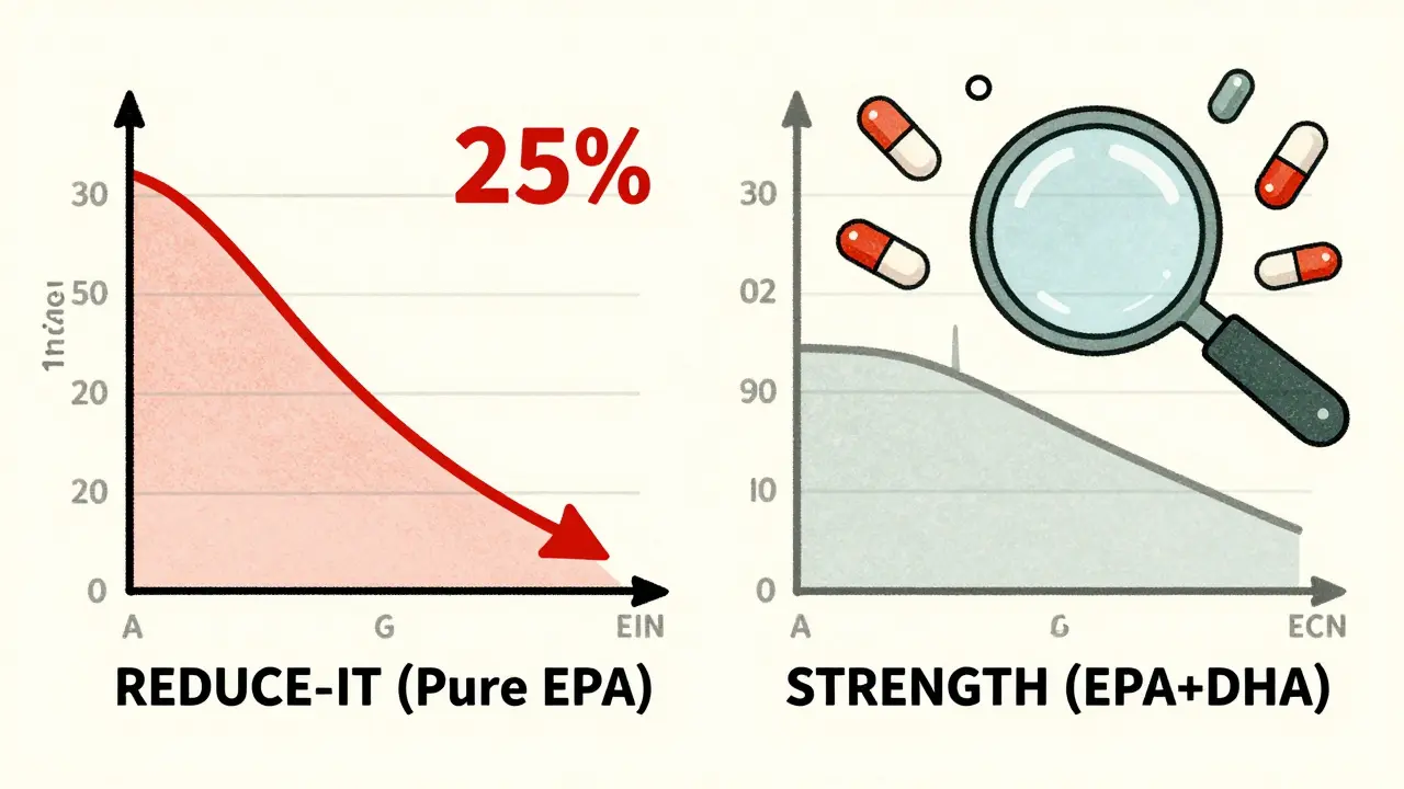 Two side-by-side clinical trial graphs: one showing a sharp decline in heart events with pure EPA, the other flat with EPA and DHA.