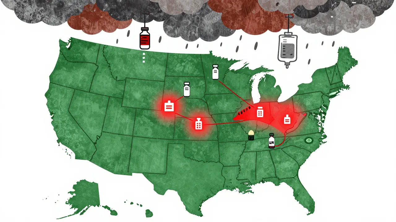U.S. map with red hotspots over drug manufacturing regions, storm clouds above falling medical supplies.