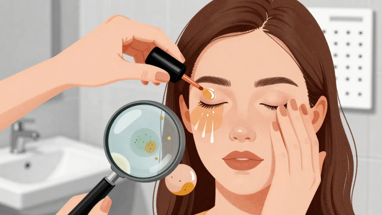 Woman touching her eye, transferring allergens from nail polish, with magnifying glass revealing hidden chemicals.
