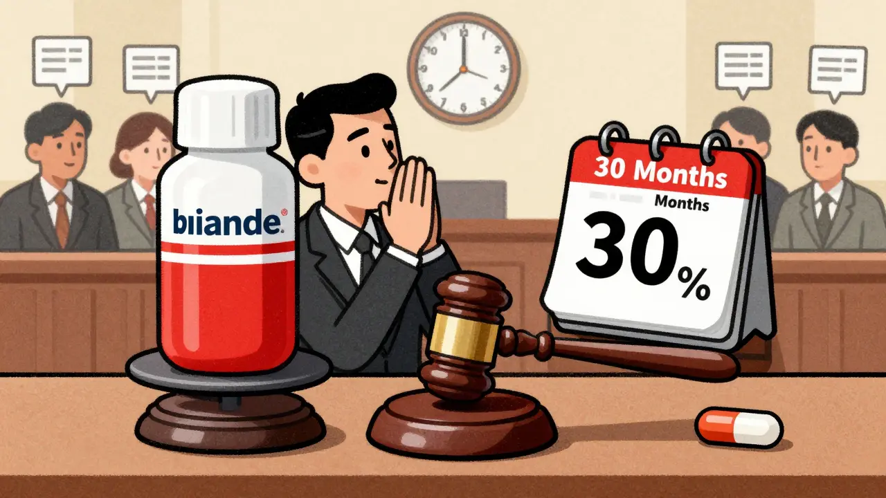 A courtroom scale balances a brand-name drug against a tiny generic pill, with a 30-month calendar gavel ticking down.