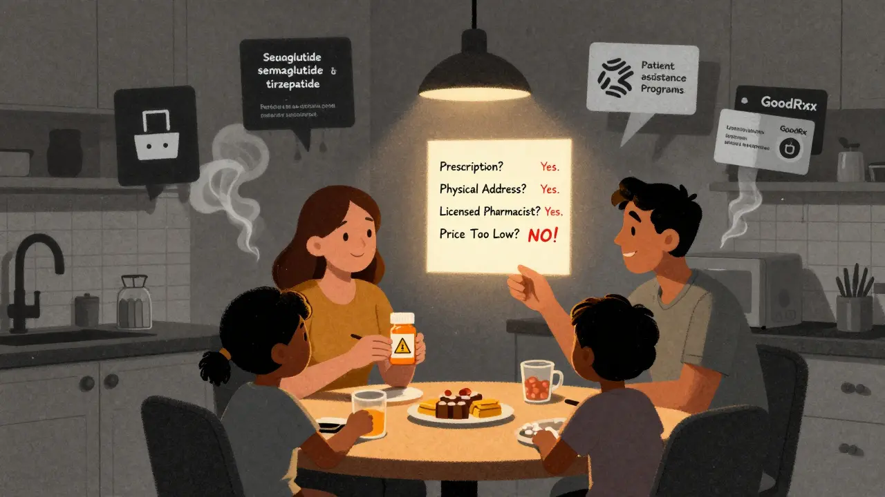 A family reviews a safety checklist while fake drug ads dissolve into smoke, replaced by trusted alternatives.