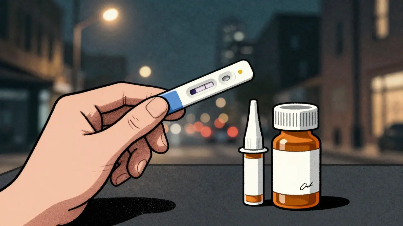 A fentanyl test strip showing a positive line, next to naloxone and a prescription bottle.