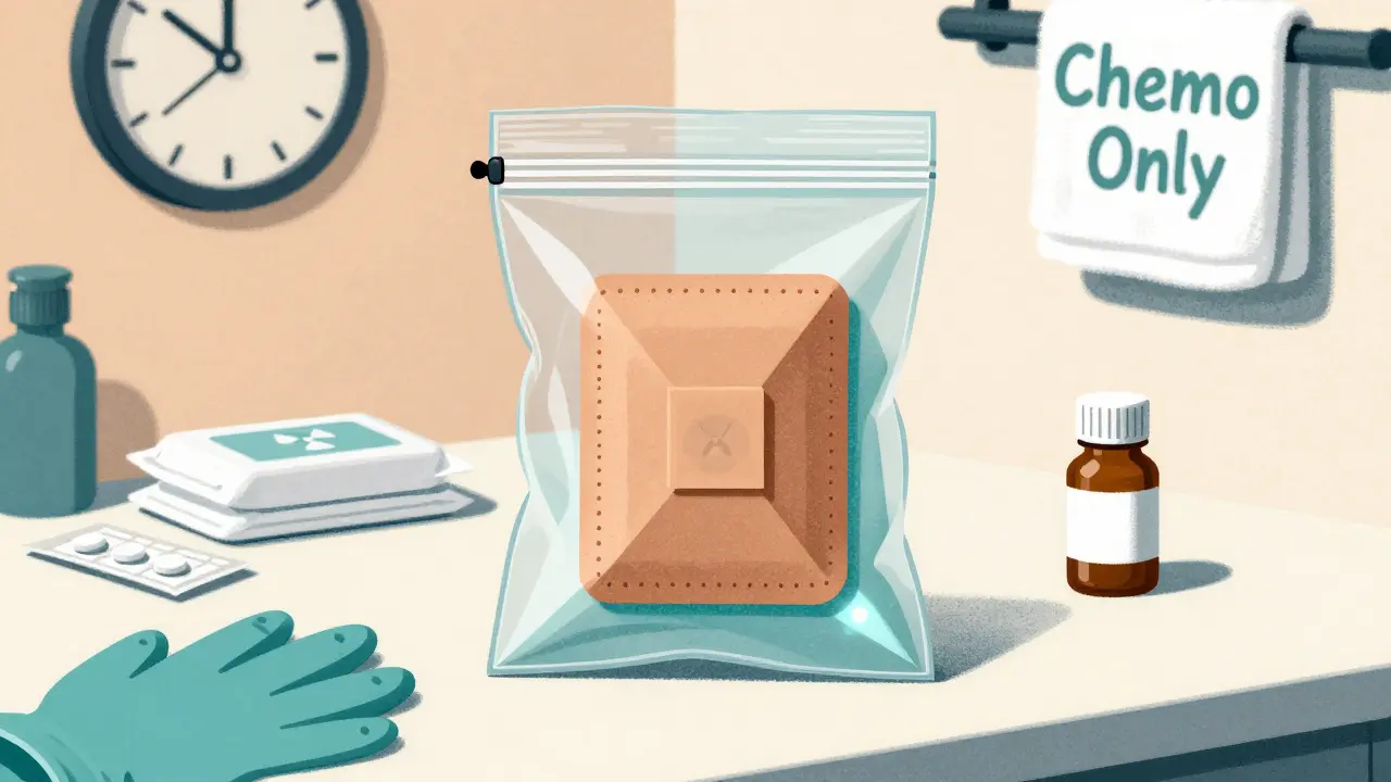 A folded chemo patch inside a double-bagged container with gloves and pill bottle, glowing symbol beneath, clock showing 48 hours in background.