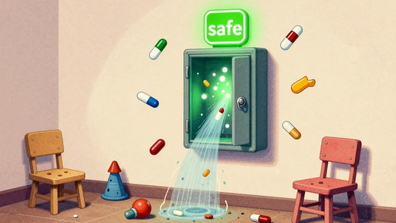 A lockbox absorbing dangerous pills while toys and stools lie unused below.