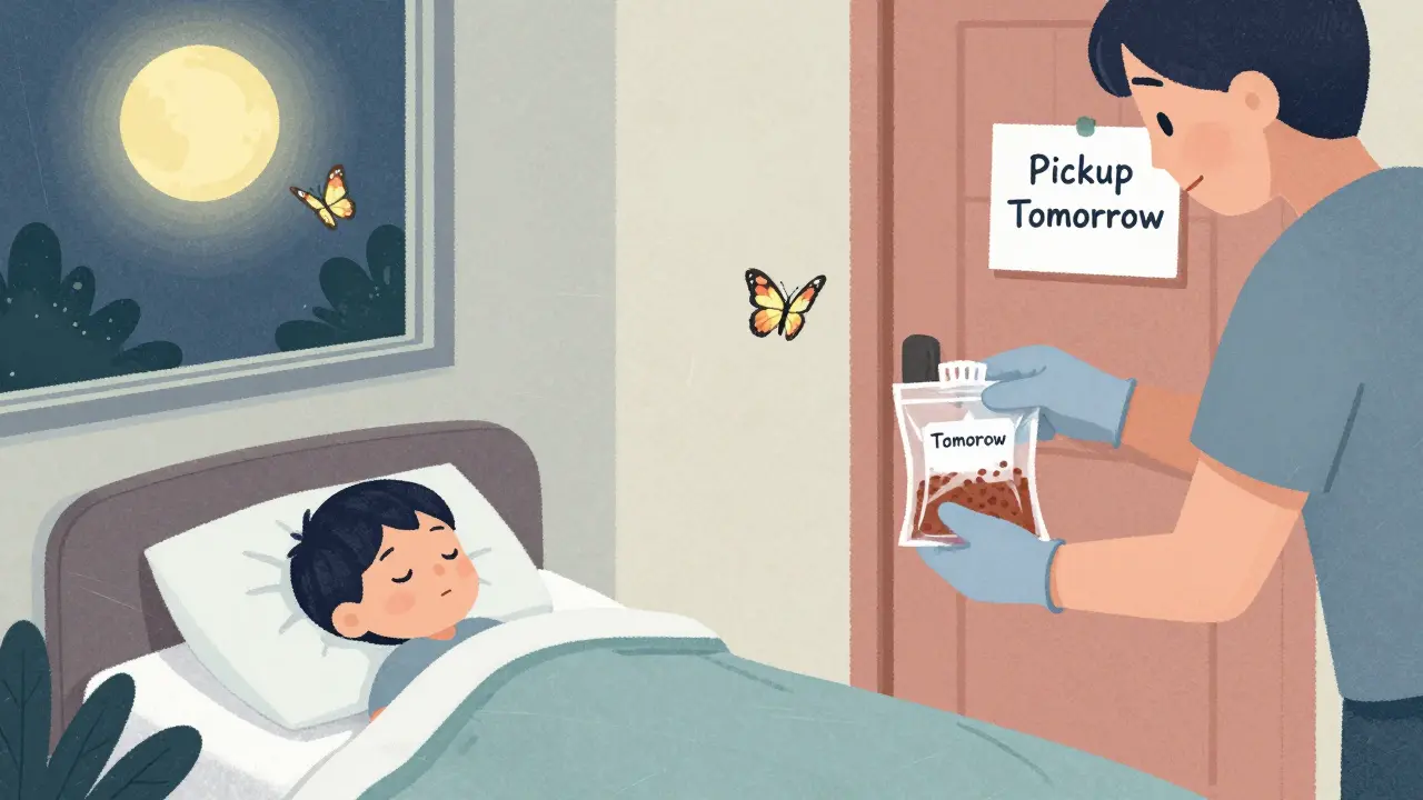 A parent placing a chemo waste bag by the door at night while a child sleeps, moonlight shining on a garden with a butterfly nearby.