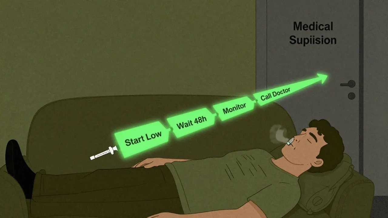 A person lies on a couch with a naloxone injector nearby, while a glowing path of safe restart steps leads toward medical supervision.