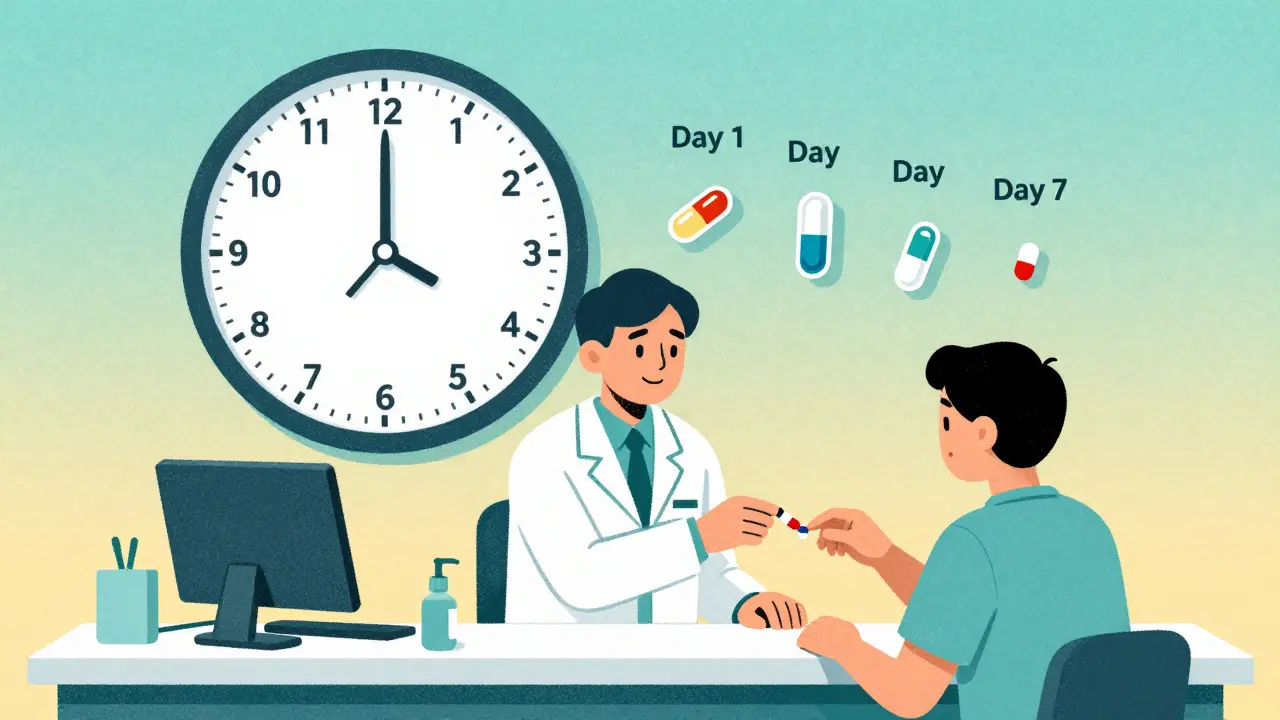 A pharmacist hands a small pill to a patient, with icons of medications shrinking as time passes, symbolizing lost tolerance.