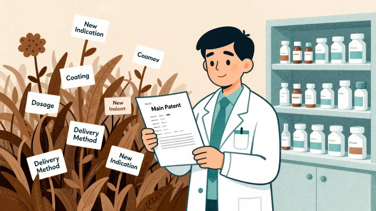 A scientist surrounded by a dense thicket of secondary patents blocking a generic drug from reaching a pharmacy shelf.