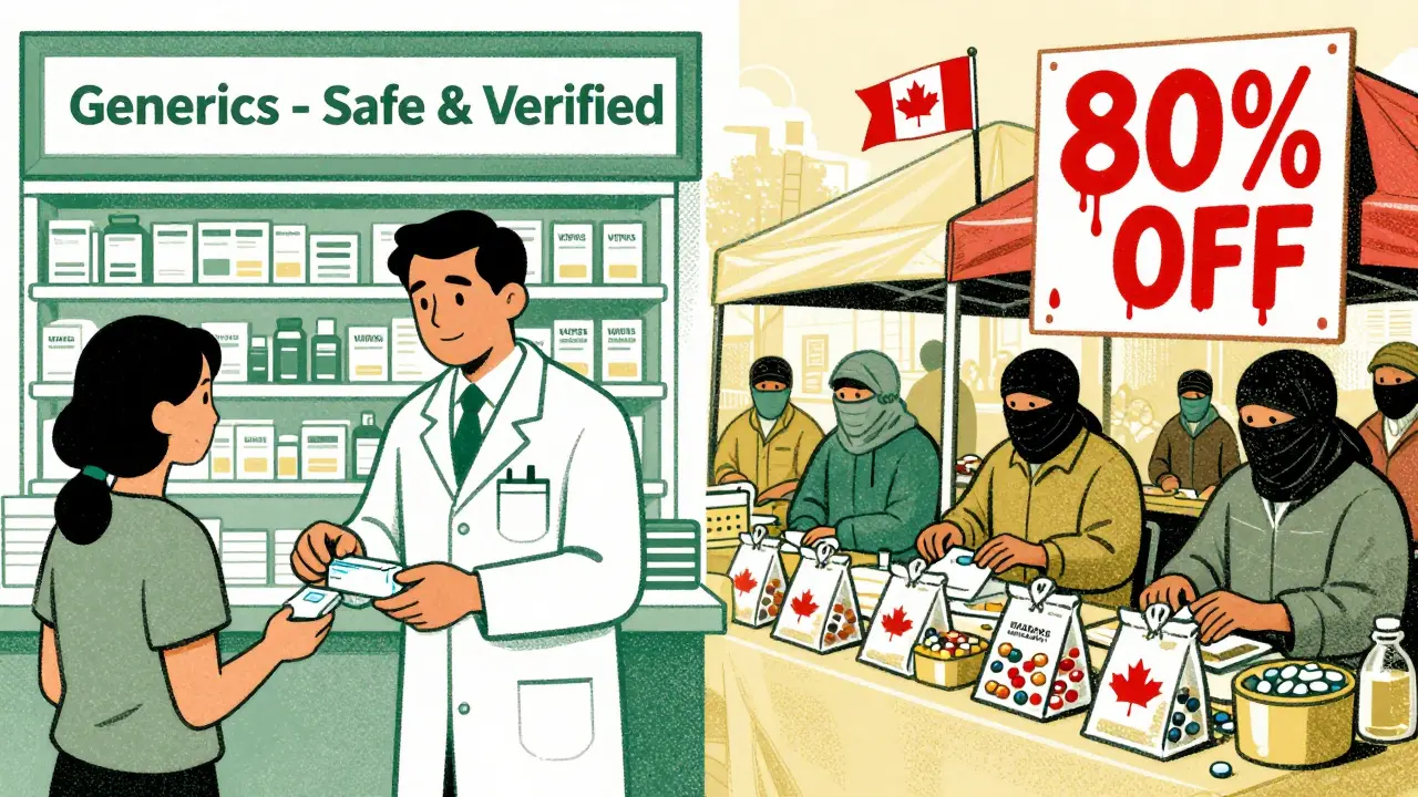 A split scene: safe licensed pharmacy on one side, chaotic street market with fake Canadian flags on the other.