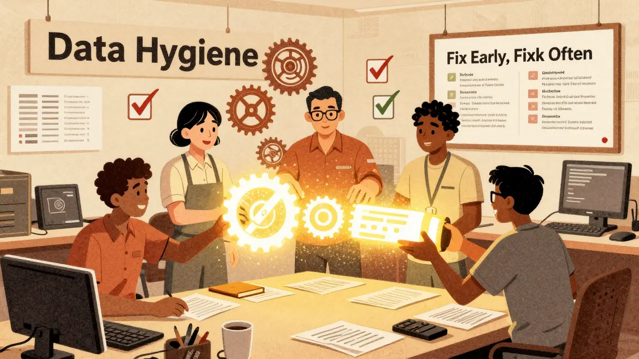 A team passing a glowing dataset through a workshop, updating guidelines and logs with revision timestamps in the background.