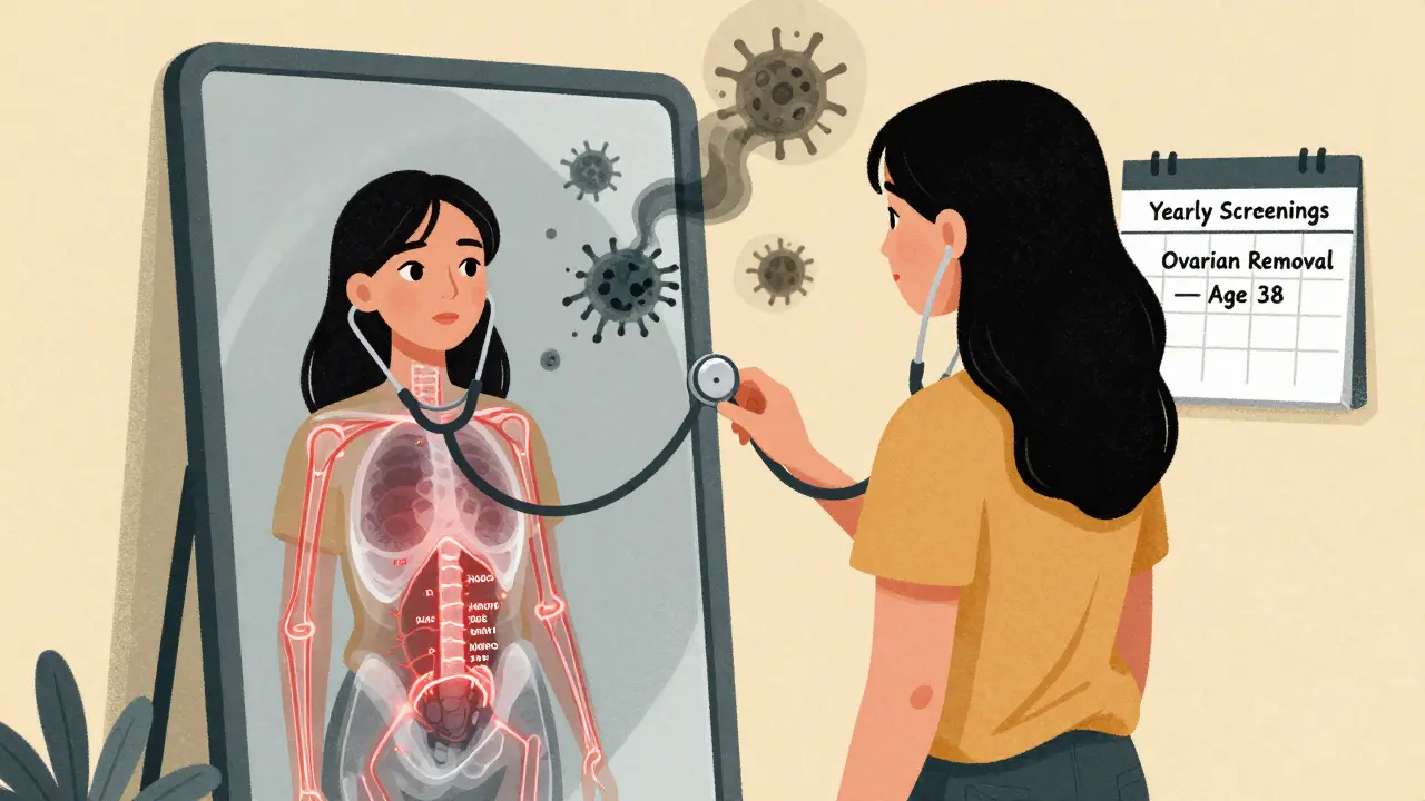 A woman sees her preventive cancer care plan reflected in a mirror, with cancer cells dissolving as she prepares for screenings.