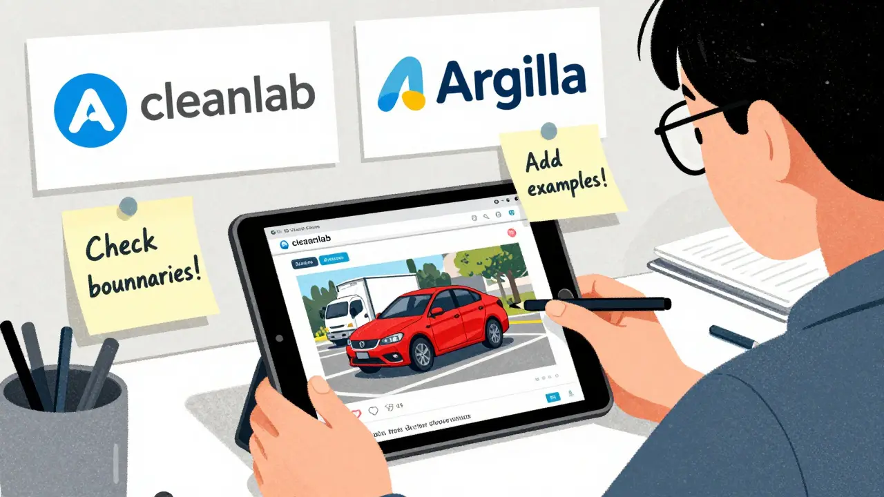 An annotator reviewing a tablet showing a mislabeled car, with sticky notes and stylized tool logos on the wall.