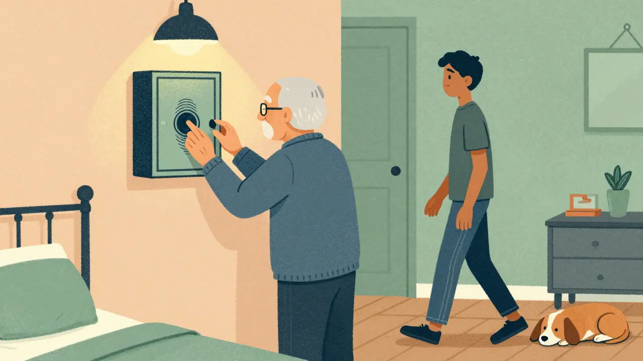 An elderly person using a fingerprint lockbox on a bedroom wall, with a teenager passing by.