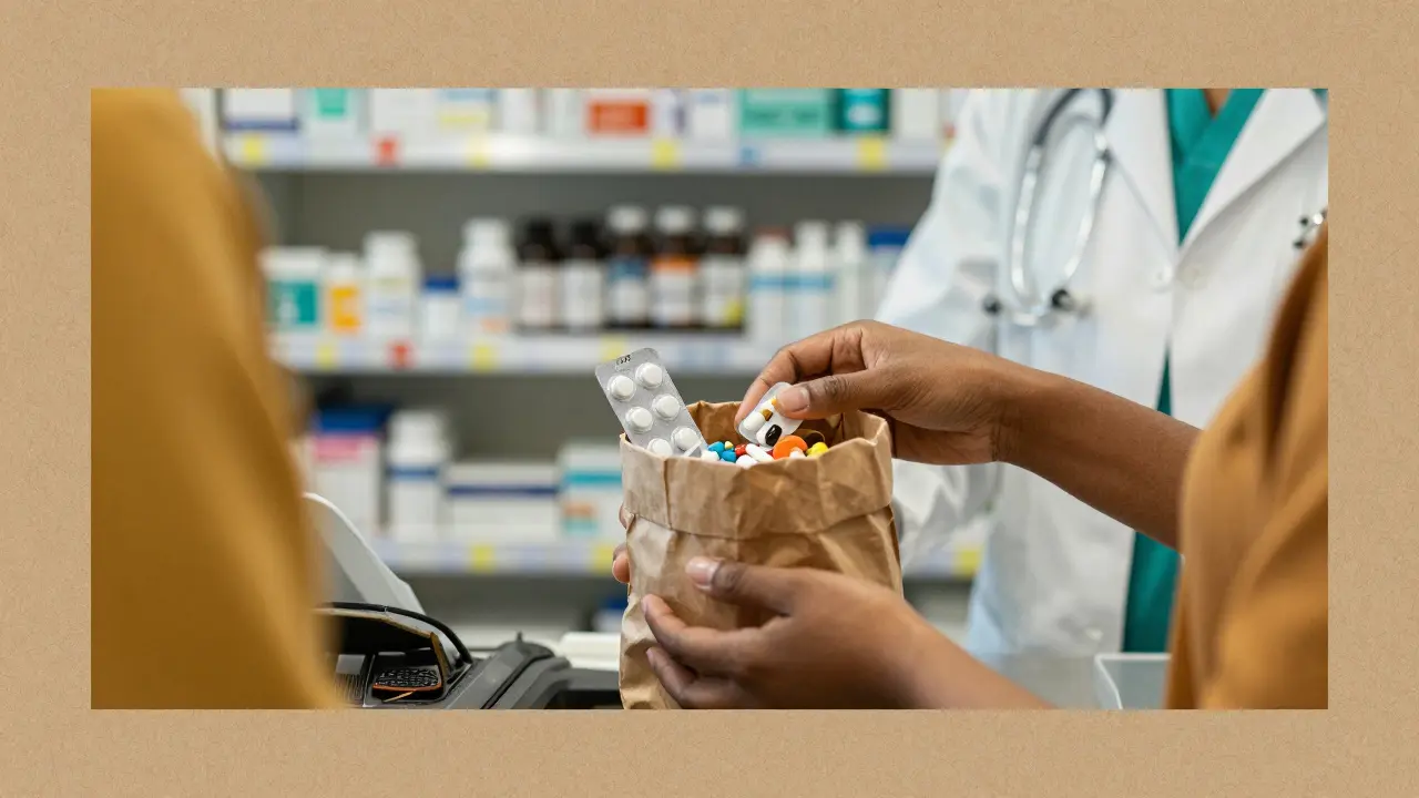 Brown bag of medications being reviewed by pharmacist