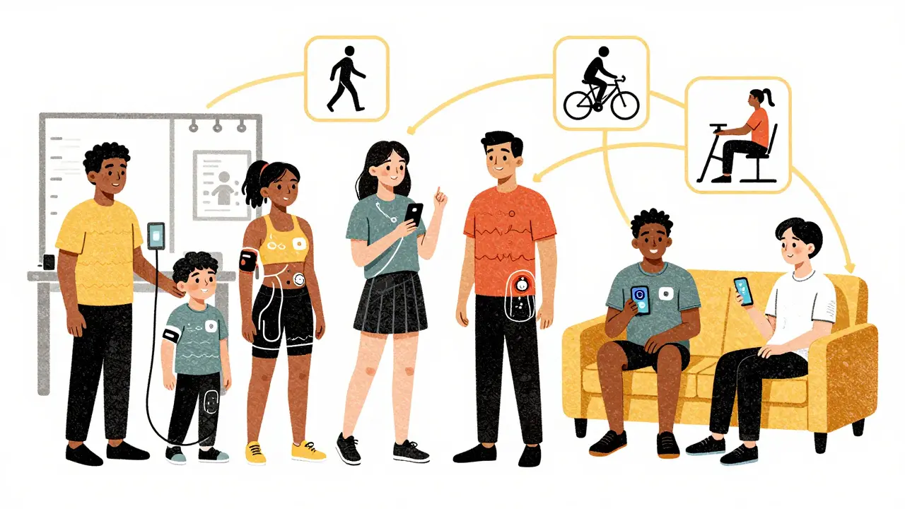 Diverse group exercising at home and in clinic with wearable health tech