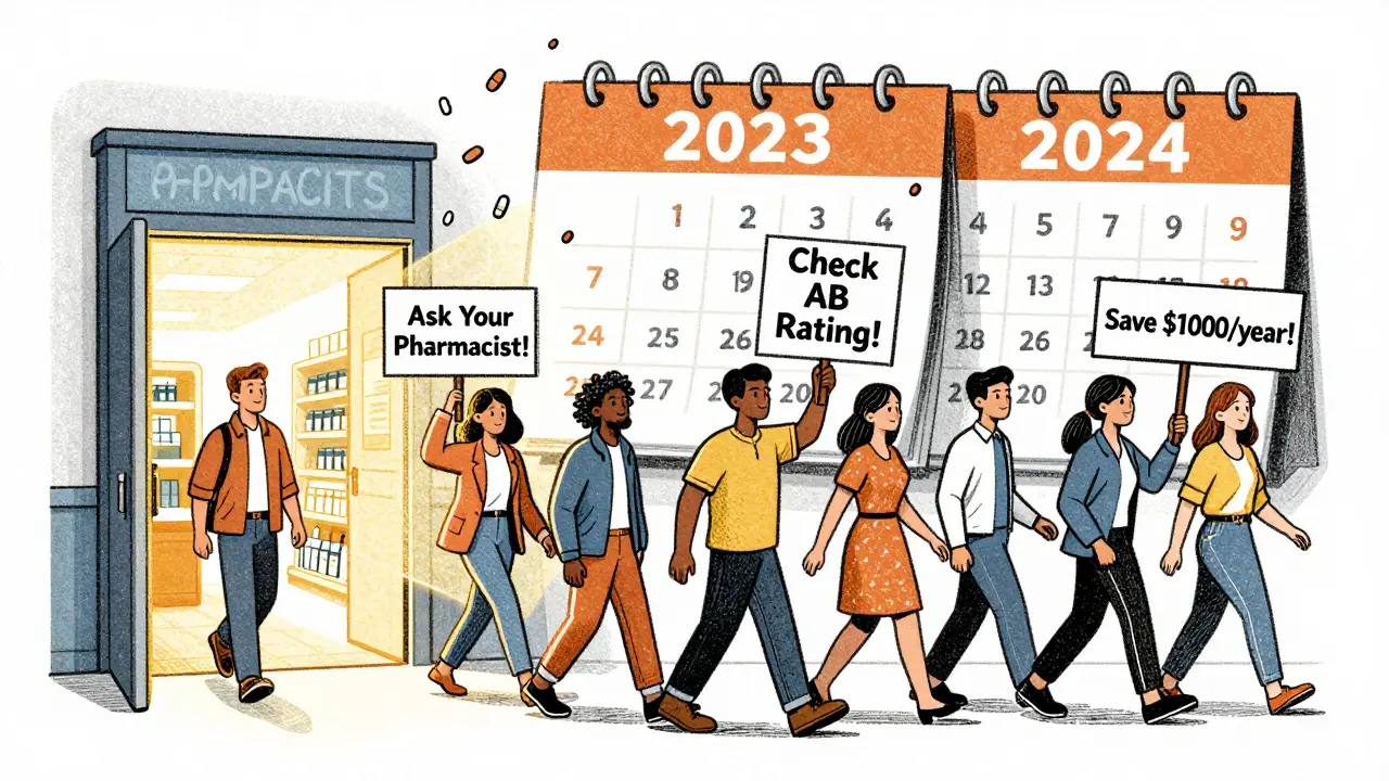 Diverse people holding signs about checking for generics as they enter a pharmacy, with pills raining down and a calendar flipping to 2024.