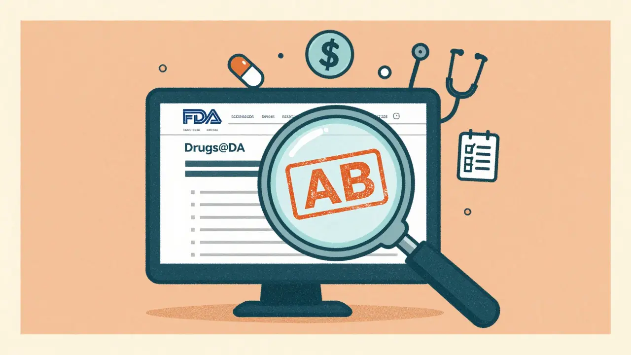 Magnifying glass over a computer screen displaying the FDA's 'AB' rating code, surrounded by medical and cost-saving icons.
