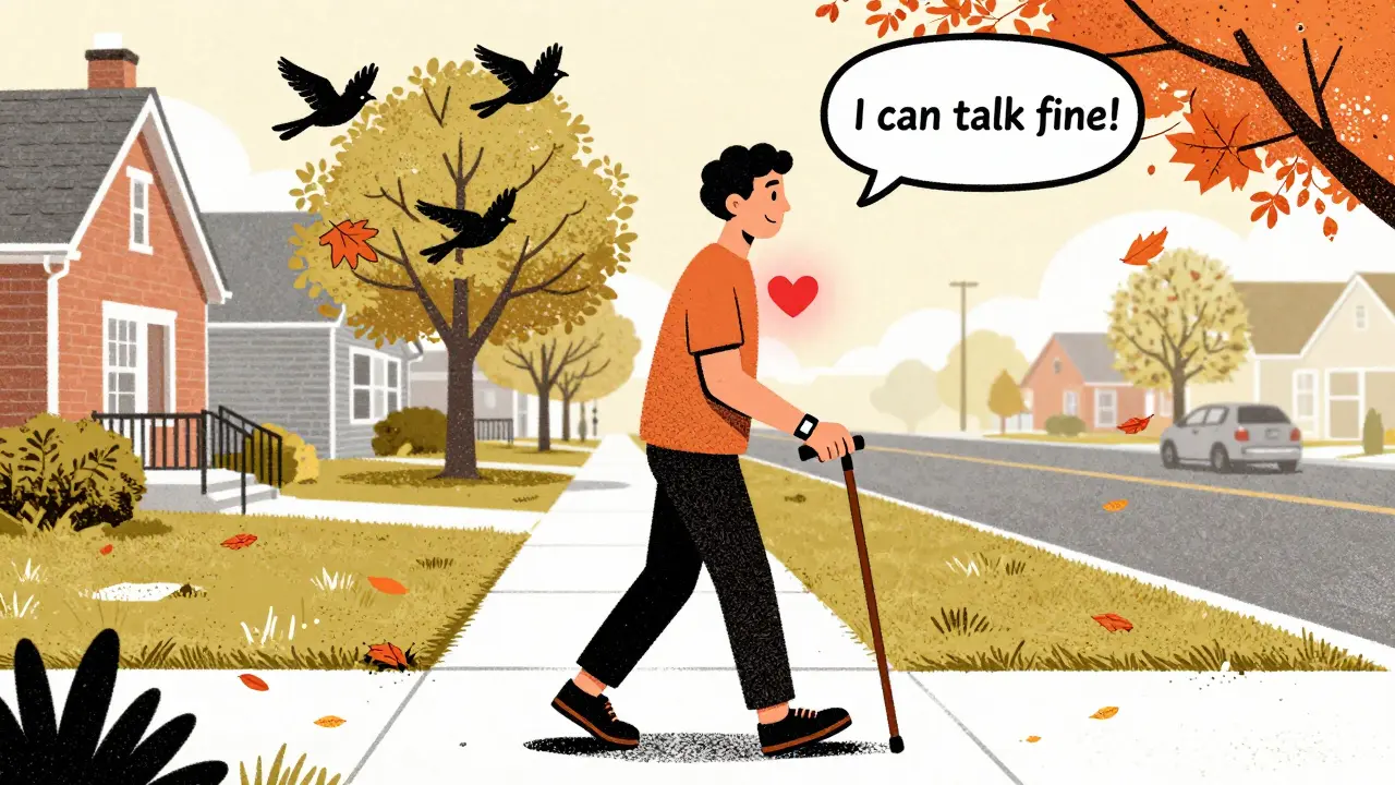 Man walking slowly on sidewalk with speech bubble saying he can talk fine