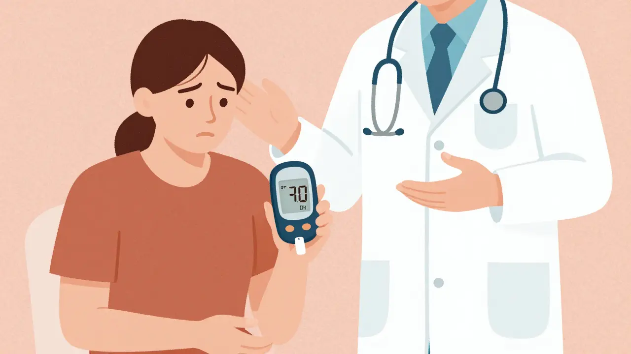 Person checking blood sugar with doctor advising alternatives