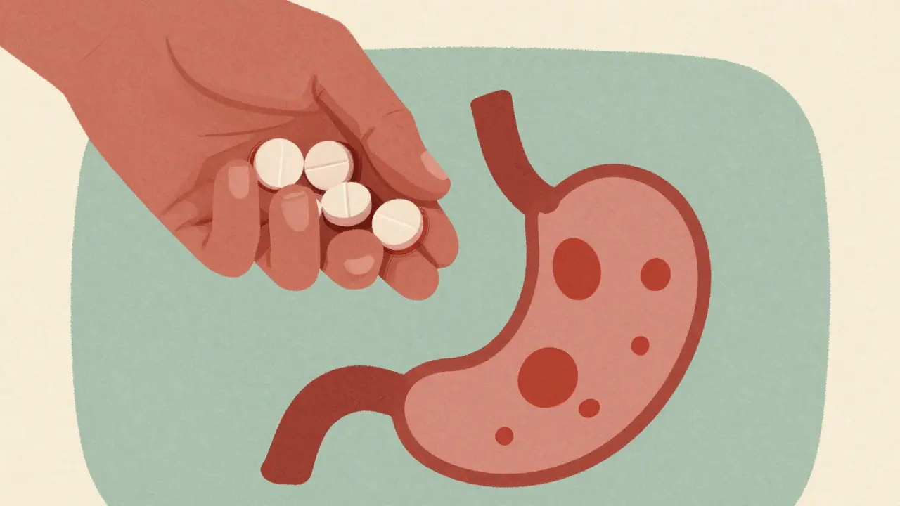 Person taking ibuprofen pills with stomach bleeding symbol