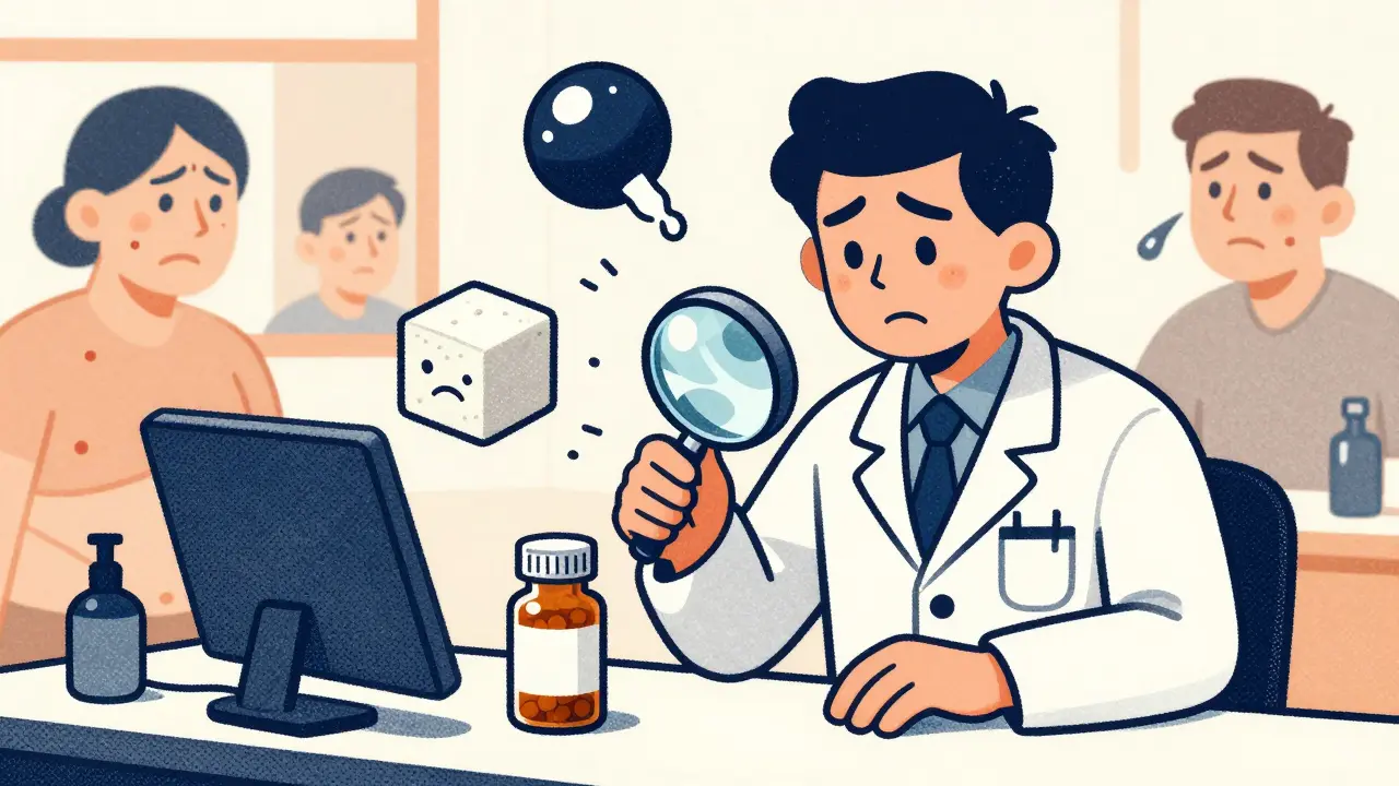 Pharmacist using a magnifying glass while cartoon excipients float around a patient.