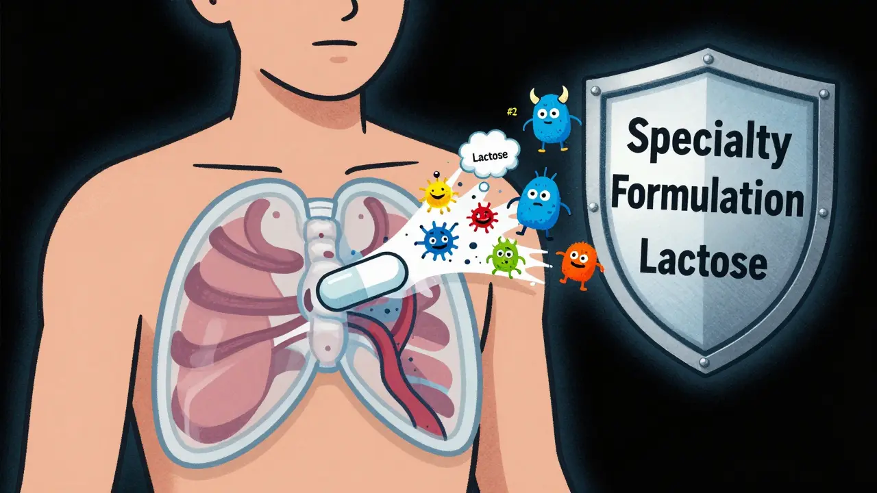 Transparent human body with colorful excipient monsters disrupting the bloodstream.