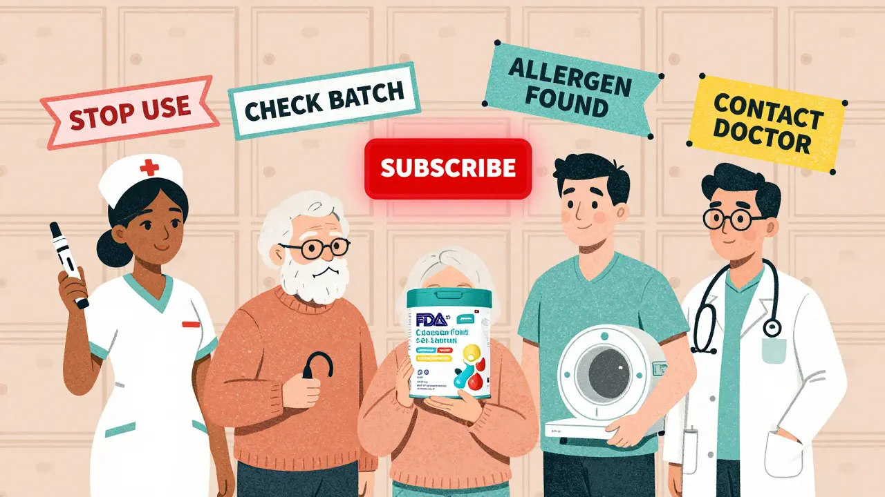 Diverse group of people holding FDA-regulated products with floating safety warning banners.