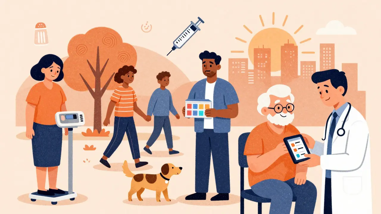 Diverse patients managing heart failure through daily habits like weighing, walking, and using pill organizers.