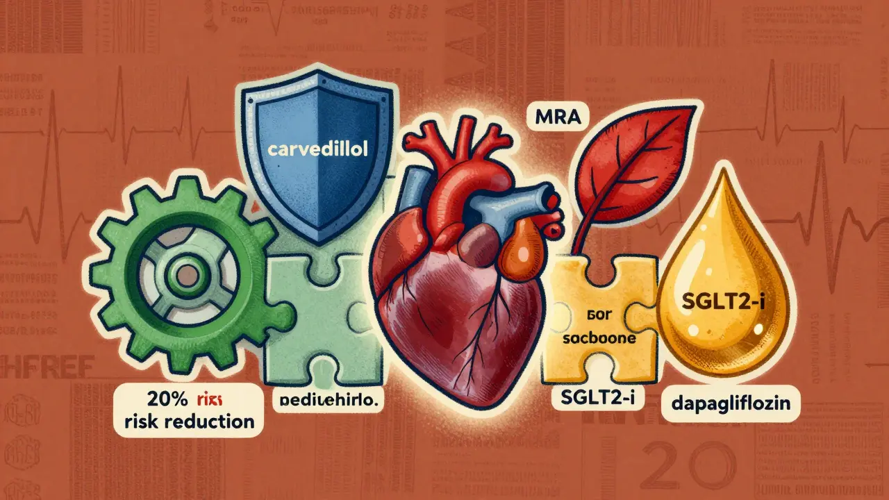 Four heart failure medications represented as interlocking puzzle pieces forming a glowing heart.