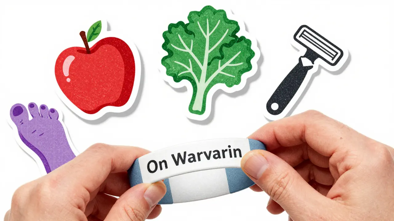 Hand holding medical alert bracelet with floating icons of warfarin risks and safety tools