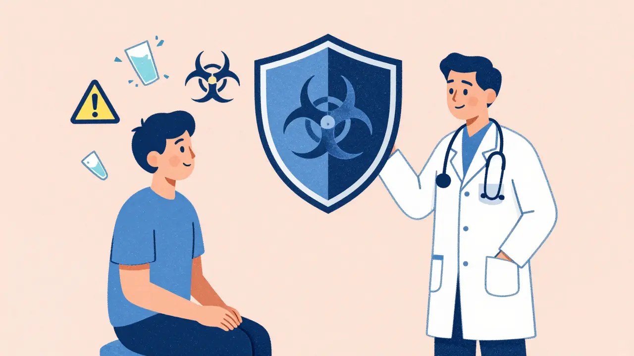 Medical professional reviewing safety protocols for patient medication management.